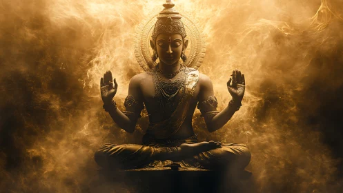 Golden meditative deity rendered in dramatic volumetric light