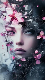 Futuristic female portrait blended with soft cherry blooms.