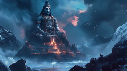 Colossal seated figure integrates with burning stepped fortress