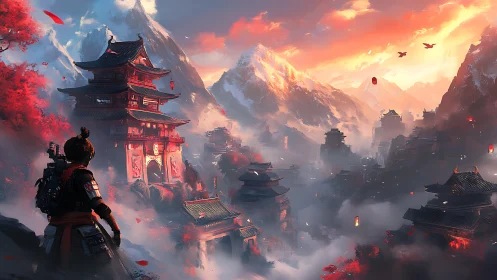 Samurai observer above misty mountain temple cityscape.