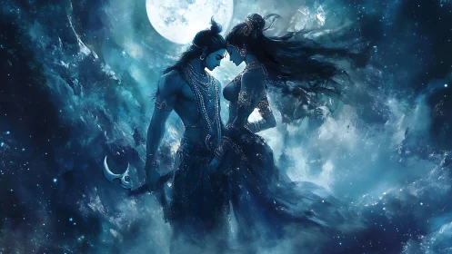Celestial Deities Intertwined: Luminescent Moon-Lit Embrace Among Cosmic Nebulae