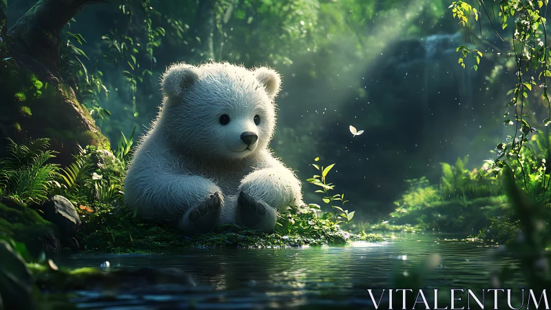 White bear cub sits beside reflective pond in lush forest