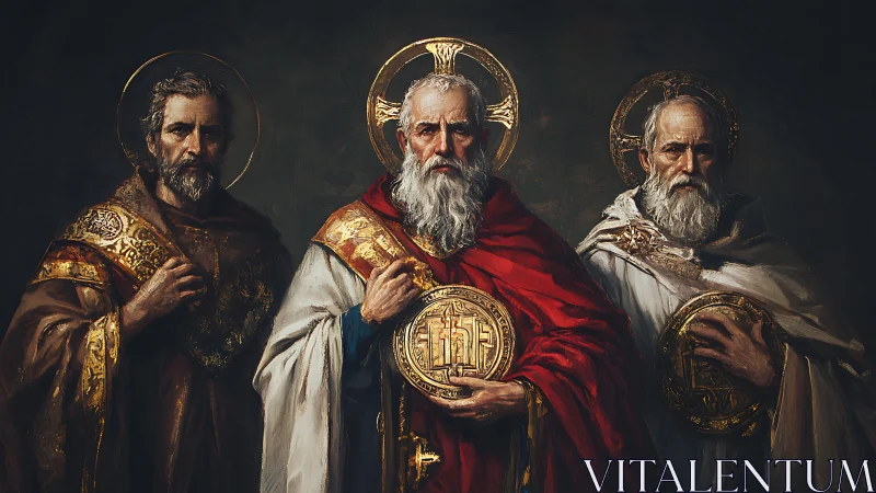 Three solemn saints guard gilded seals beneath quiet halos