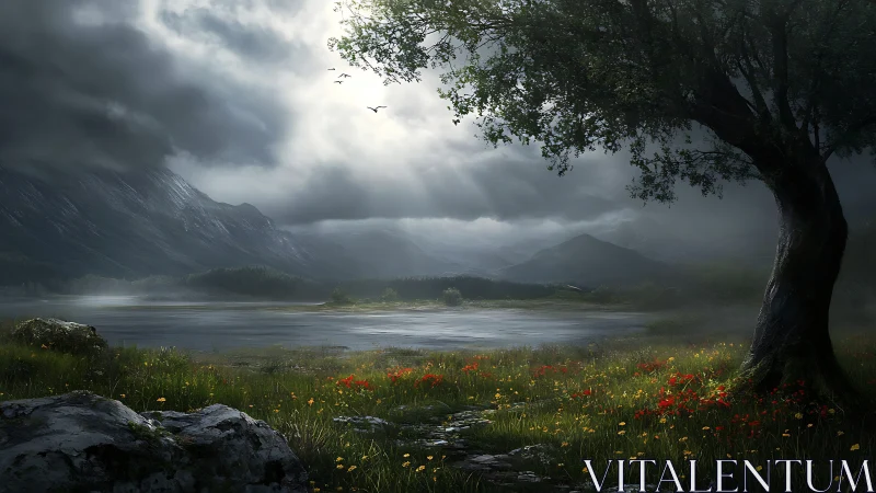 Dramatic stormlit mountain lake with flowering meadow foreground