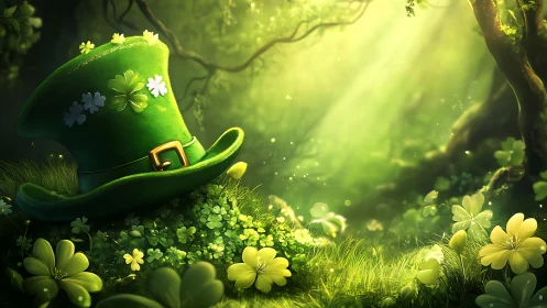 Green buckled hat on clover-covered forest clearing.