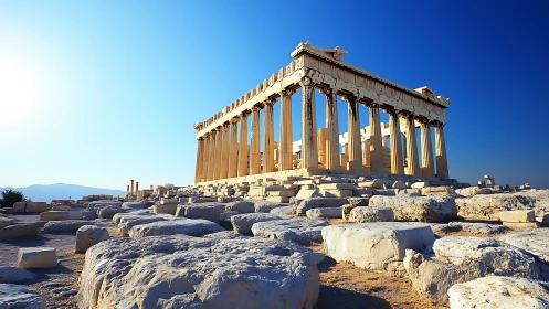 Parthenon temple ruins under clear blue Athenian sky.