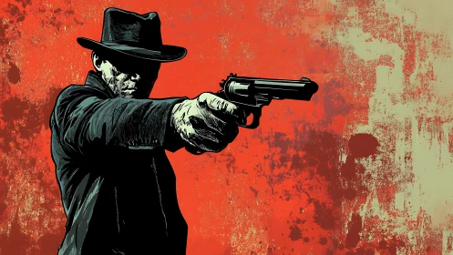 Stylized gunslinger silhouette aiming revolver against grunge field