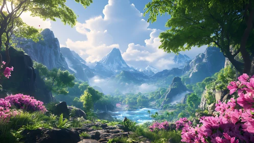 Lush alpine valley with snow peaks and vibrant spring blooms.