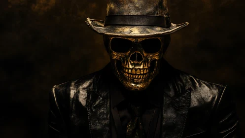 Specular-lit gilded skull figure in hat and latex suit portrait.