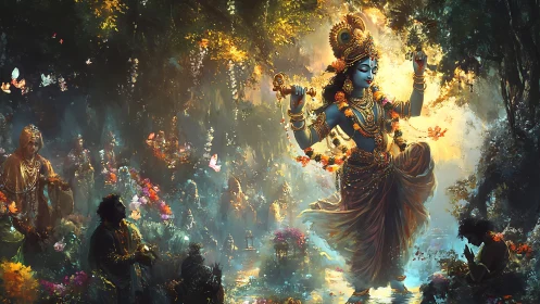 Graceful blue deity dancing through a glowing forest sanctuary.