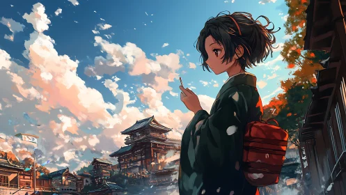 Girl in green kimono observes sky above traditional town