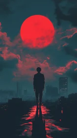 Crimson moonlight embraces a lone figure above the city
