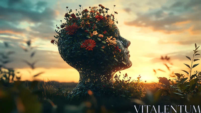 Floral human head sculpture rising from meadow at sunset.