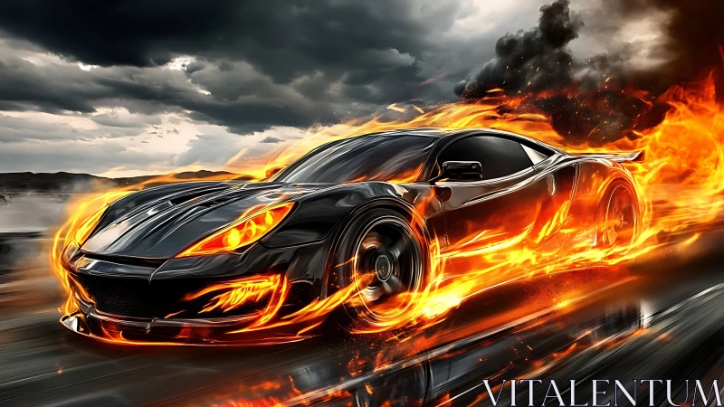 Flaming supercar races through stormy highway at full speed.