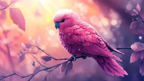 Vibrant Pink Parrot on Branch in Dreamy Digital Art Style.