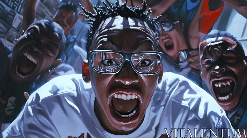 Shouting crowd erupts around wide‑eyed figure in glasses.