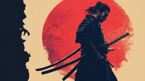 Samurai silhouette stands against a large red circular backdrop
