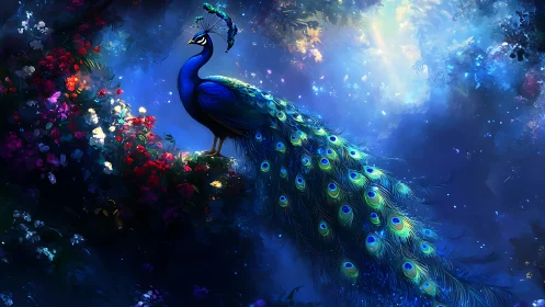 Majestic blue peacock glows within enchanted forest light.