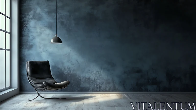 Minimalist leather lounge chair rests beside moody blue wall