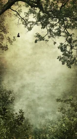 Textured canopy silhouette with solitary bird in vertical frame.