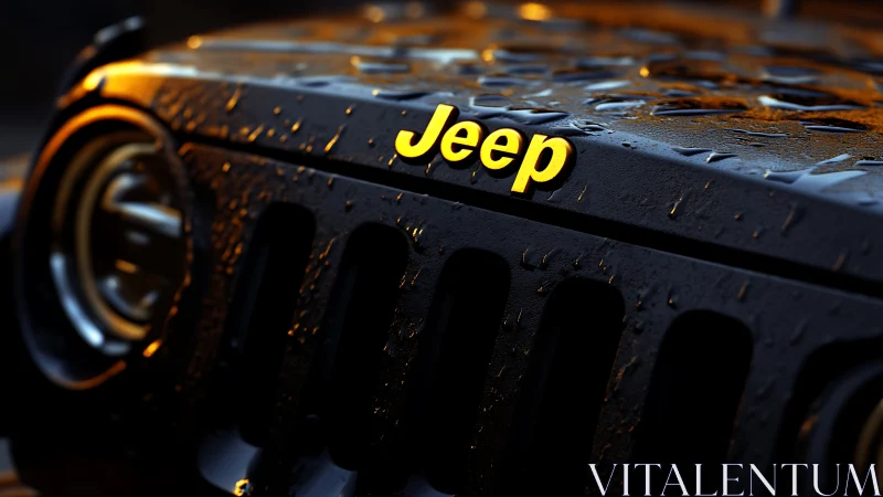 Jeep logo glows like sunrise on a rain-soaked steel frontier