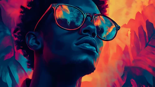Bold portrait glows in neon colors and reflective sunglasses
