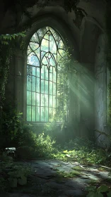 Sunlit ruin chapel window glows as nature slowly reclaims