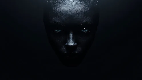 Central human face emerges from dark background with glare