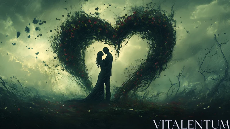 Two figures embrace within large heart-shaped structure.