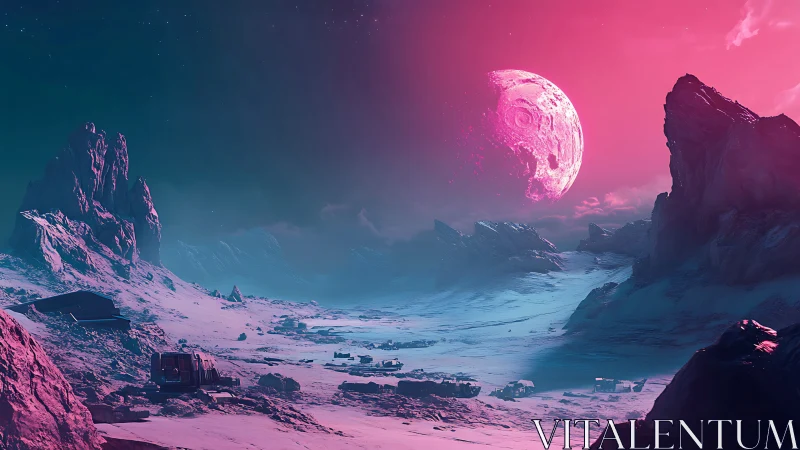 Alien ice plateau with cratered moon under magenta sky.
