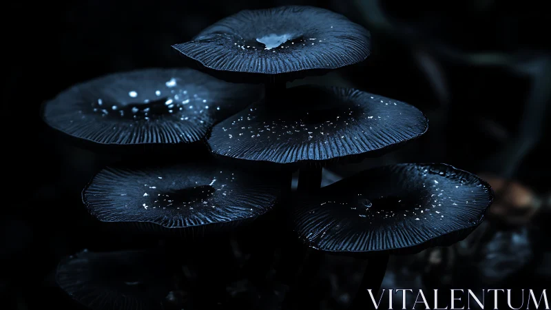 Low-key macro study of clustered dark mushrooms with dew droplets