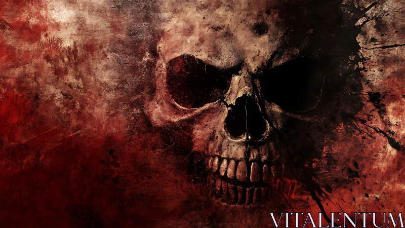 Weathered human skull in red and dark textured field.