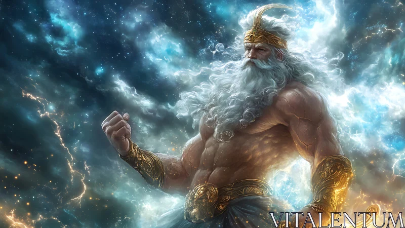 Bearded mythic warrior stands in glowing cosmic storm
