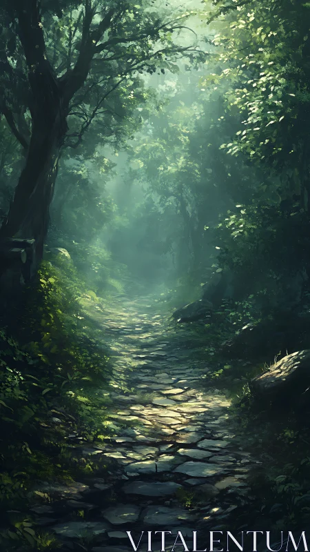 Sunlit forest path with atmospheric foliage canopy and stone walkway