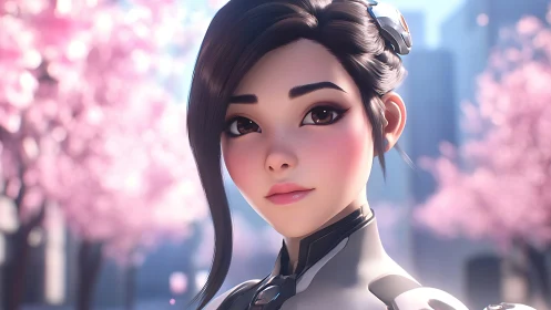 Cybernetic courtesan amid defocused sakura bokeh field.