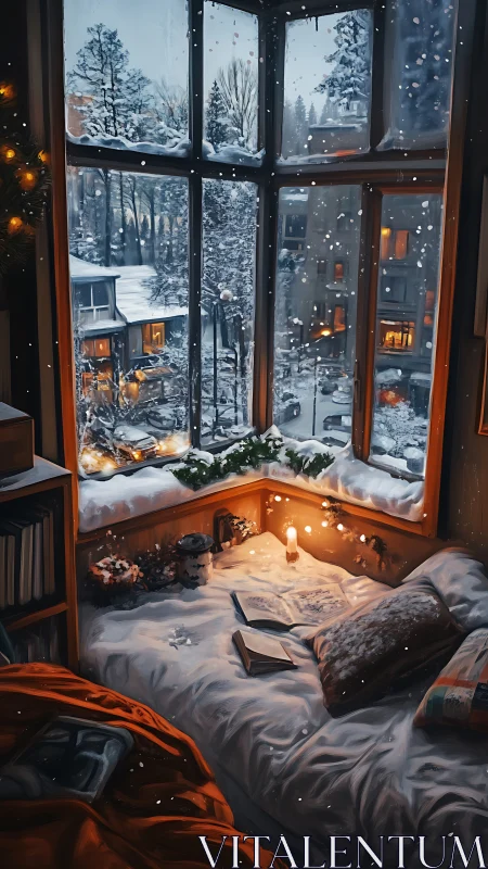 Candlelit winter nook dreaming beside a snow-draped city window.