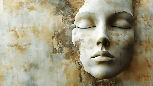 Weathered sculpted face relief merges with textured patina wall