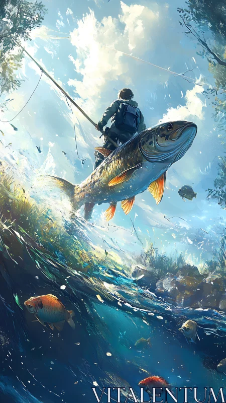 Angler positioned above oversized fish in split river view.