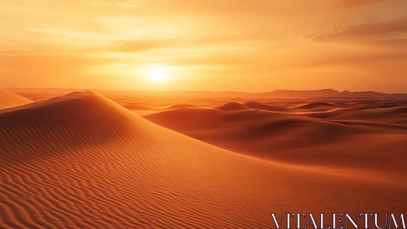 Desert dunes glow under low sun in sweeping orange light.