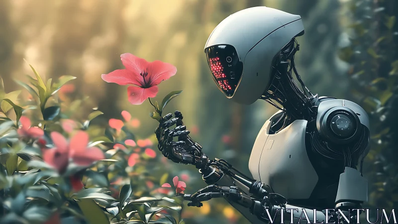 Robot in tranquil garden observing single pink flower.