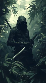 Digital painting of hooded jungle assassin in dense foliage field.