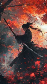 Samurai silhouette cuts through crimson autumn storm.