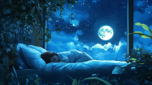 Moonlit bedroom dreamscape with sleeping child and plants.