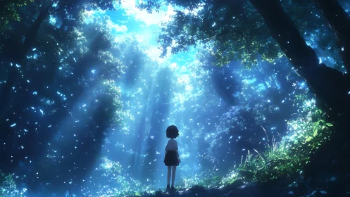 Lone child bathed in ethereal light within luminous forest.