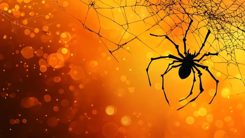 Silhouetted spider hangs on radial web against warm bokeh field