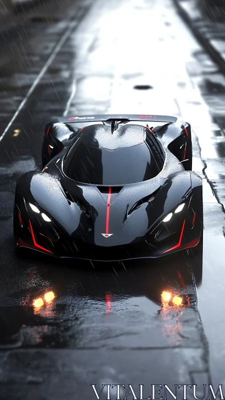 Midnight hypercar stalks rain-slick street like liquid obsidian