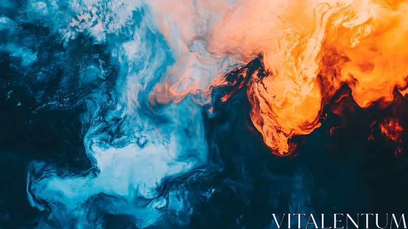 Fiery orange and cool teal swirls collide in abstract motion.