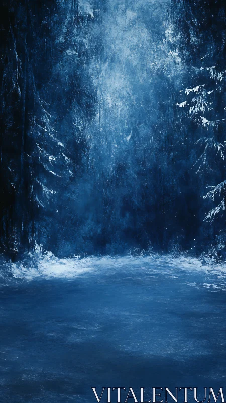 Moonlit frozen lake under deep blue winter forest veil.