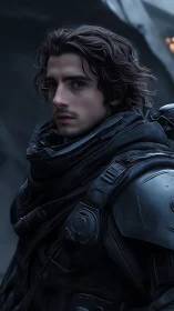 Armored subject in matte black tactical suit under cold rim lighting