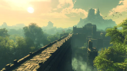 Sunlit ruined stone bridge leads toward distant misty citadel